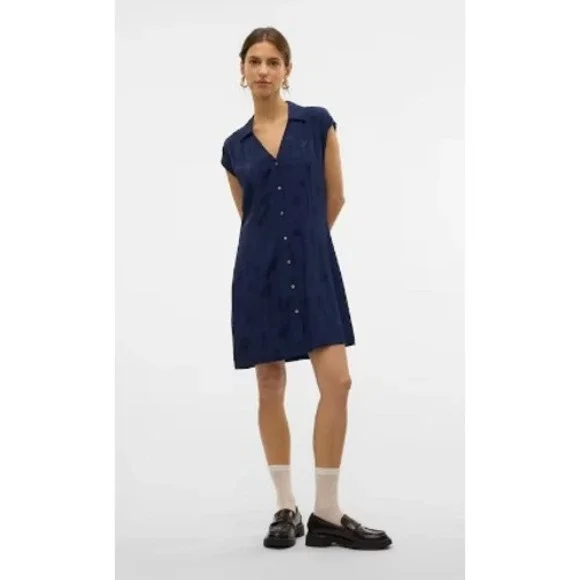 Vero Moda Shirt Dress Women's XL Navy Blue Button Front Casual Summer Mini - Picture 1 of 12